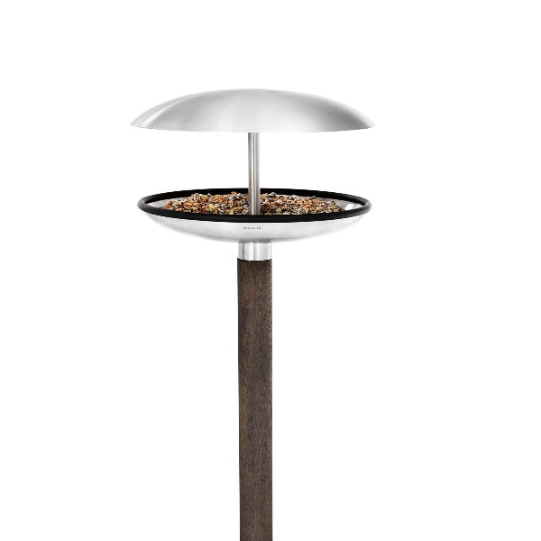 blomus FEURA Modern Stainless Steel Bird Feeder and Bird Bath with Natural Wood Stake Pole