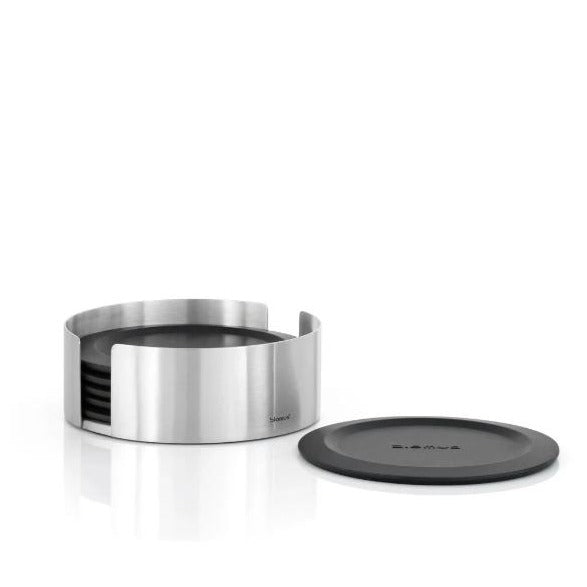 blomus LARETO Silicone Drink Coasters Set with Stainless Steel Holder – Round Non-Slip Modern Table Coasters (Set of 6)