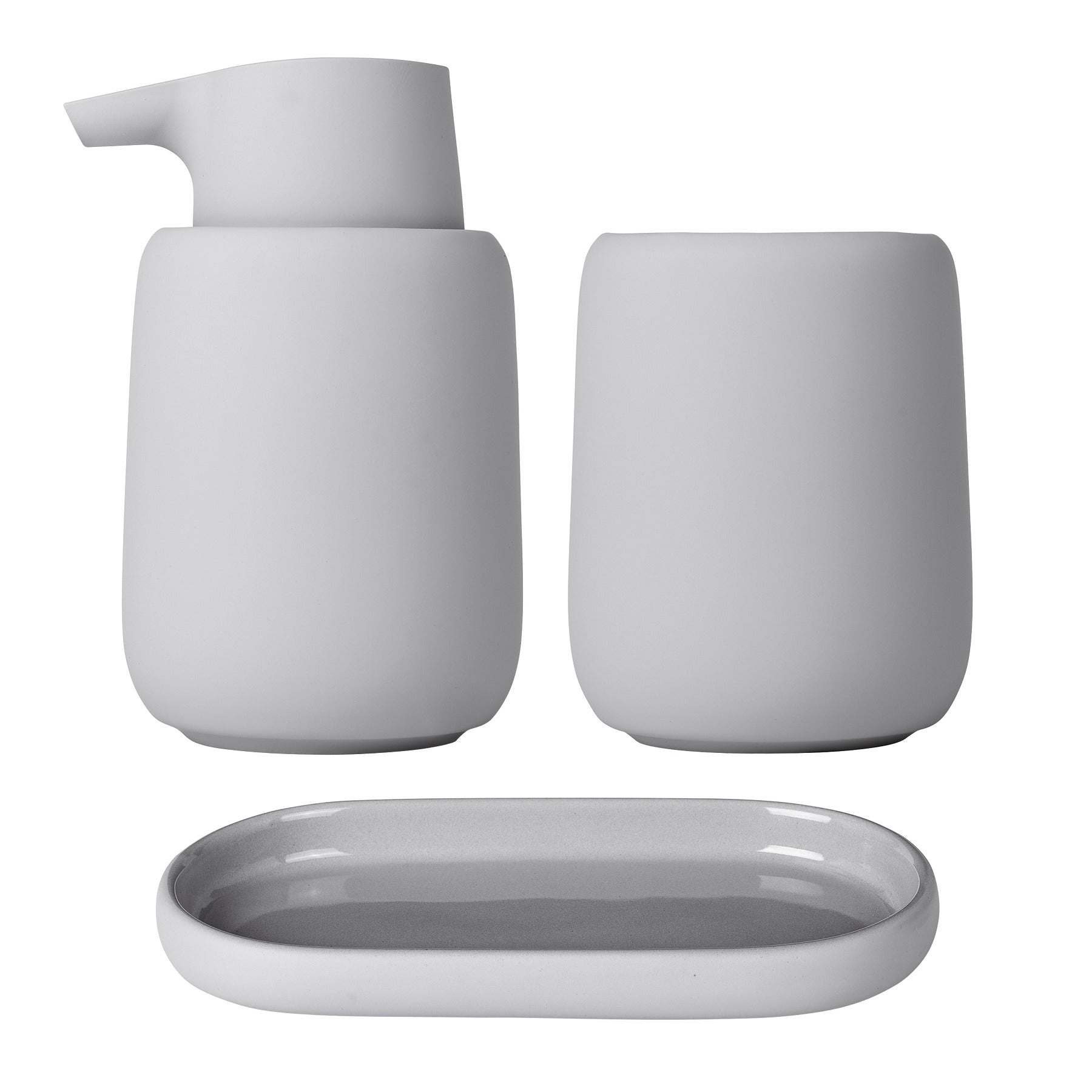 blomus SONO Modern Bathroom Accessory Set - Ceramic Soft Touch Soap Dispenser, Tumbler & Tray Organizer