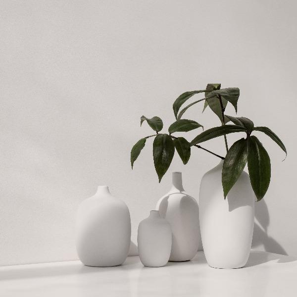 white porcelain vases arranged with greenery in front of a simple background
